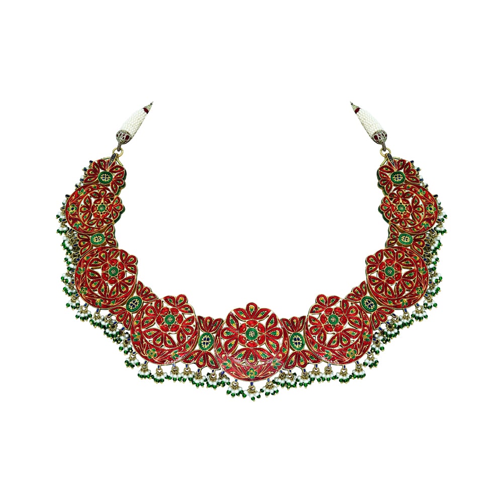 Crescent Polki Necklace Set with Red Talaf, Emeralds, and Pearls